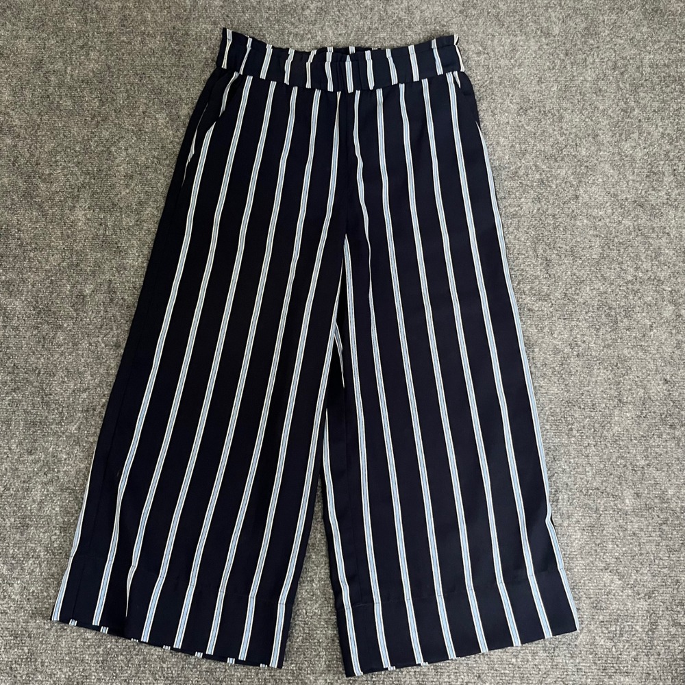 HM Navy Blue White Striped Wide Leg Culotte Pants Size 8 Elastic Waist Pockets